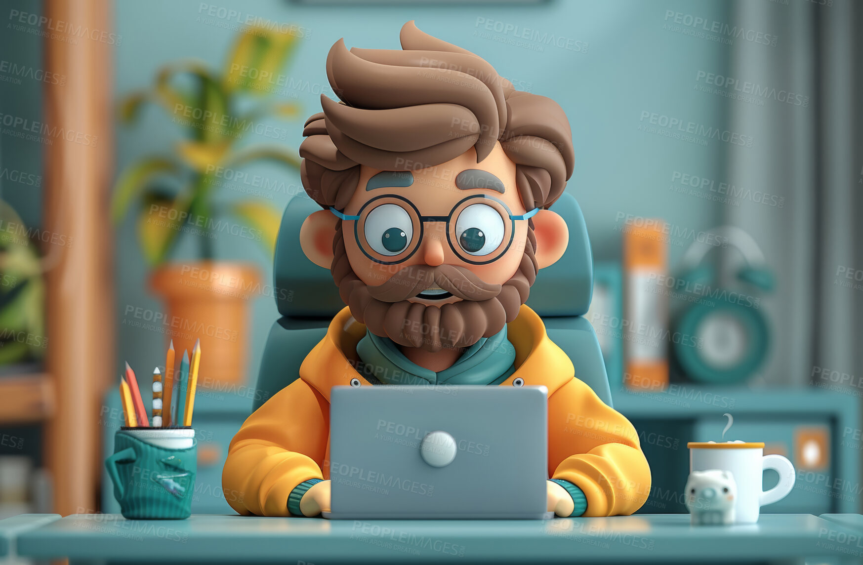 Buy stock photo 3d, cartoon and office for social media on backdrop. Character or studio concept for mock up. Realistic, illustration rendering. Graphic, design and creative inspiration in cutting-edge visuals.