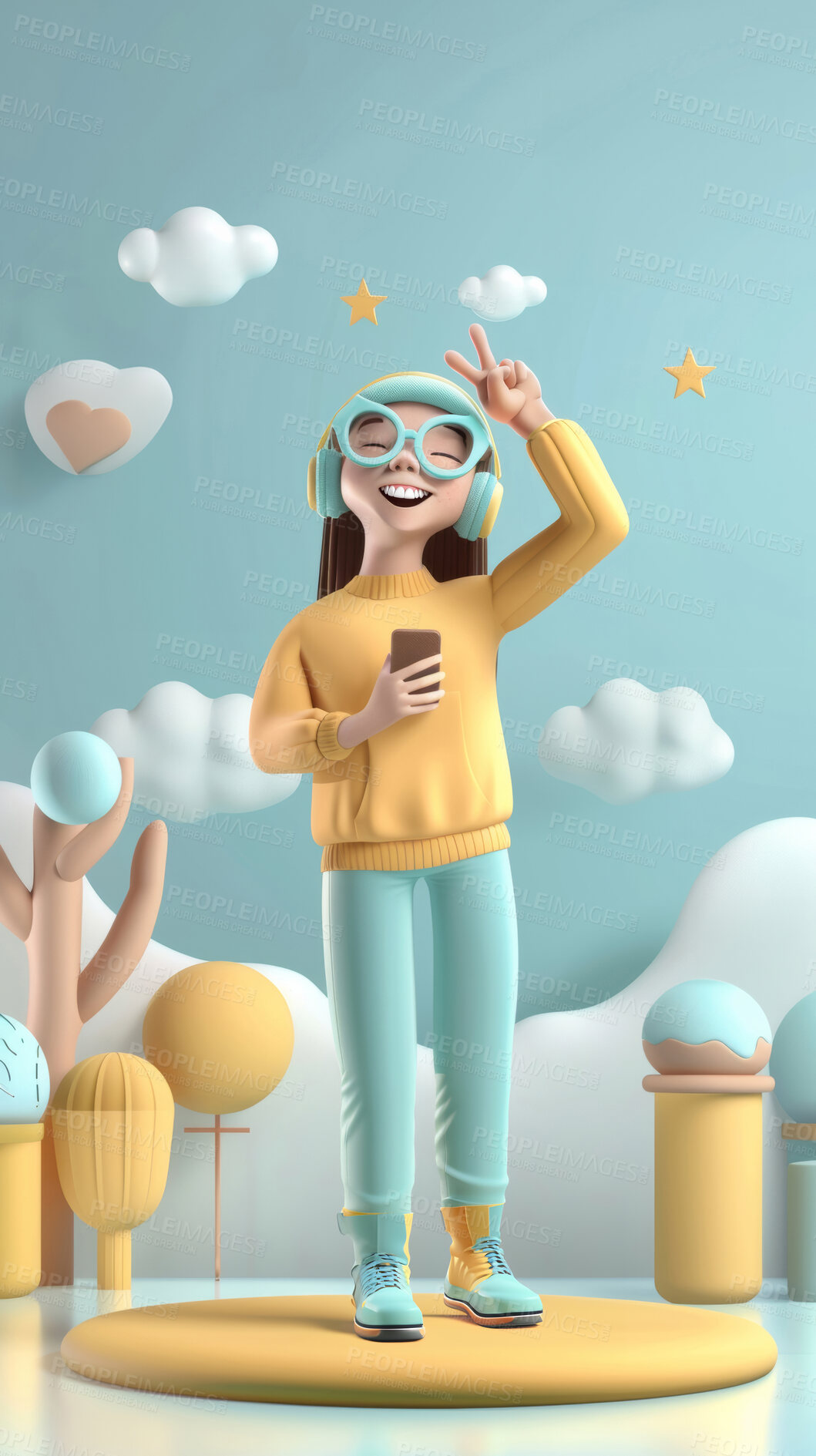 Buy stock photo 3d, cartoon and influencer for social media on virtual backdrop. Character or studio concept for mock up. Realistic, illustration rendering. Graphic, design and creative inspirational and visuals.