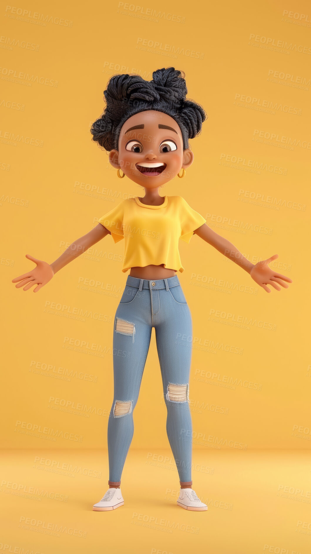 Buy stock photo 3d, cartoon and influencer for social media on backdrop. Character or studio concept for mock up. Realistic, illustration rendering. Graphic, design and creative inspiration in cutting-edge visuals.