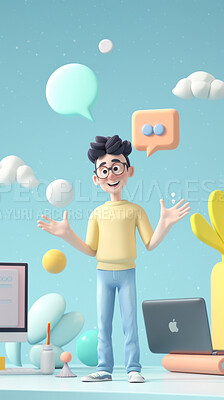 Buy stock photo 3d, cartoon and influencer for social media on virtual backdrop. Character or studio concept for mock up. Realistic, illustration rendering. Graphic, design and creative inspirational and visuals.