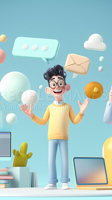 Buy stock photo 3d, cartoon and influencer for social media on virtual backdrop. Character or studio concept for mock up. Realistic, illustration rendering. Graphic, design and creative inspirational and visuals.