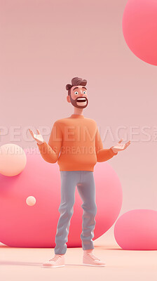 3d, cartoon and influencer for social media on virtual backdrop. Character or studio concept for mock up. Realistic, illustration rendering. Graphic, design and creative inspirational and visuals.