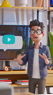 3d, cartoon and influencer for social media on backdrop. Character or studio concept for mock up. Realistic, illustration rendering. Graphic, design and creative inspiration in cutting-edge visuals.