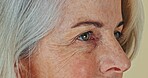 Senior, woman and eye vision as closeup for assessment test, glaucoma or prescription exam. Old female person, wrinkles and dementia for confused problem or thinking lonely mental, alzheimer or sad