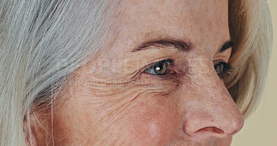 Senior, woman and eye vision as closeup for assessment test, glaucoma or prescription exam. Old female person, wrinkles and dementia for confused problem or thinking lonely mental, alzheimer or sad