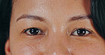 Closeup, eyes and woman with skincare, face and shine with beauty, cosmetics and eyebrow routine. Portrait, person and model with clear vision, microblading results or eyesight care with contact lens