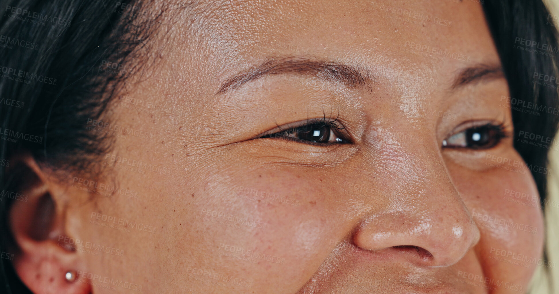 Buy stock photo Happy, woman and eye closeup for vision assessment, glaucoma or prescription exam. Smile, face and female person with optics for optometry appointment, eyesight or ophthalmology, seeing or screening