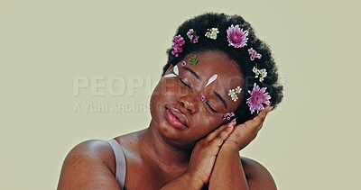 Buy stock photo Studio, flowers and beauty with a body positive black woman isolated on gray background for natural wellness or wellbeing. Girl, skincare and confident plus size model with petal crown and aesthetic.