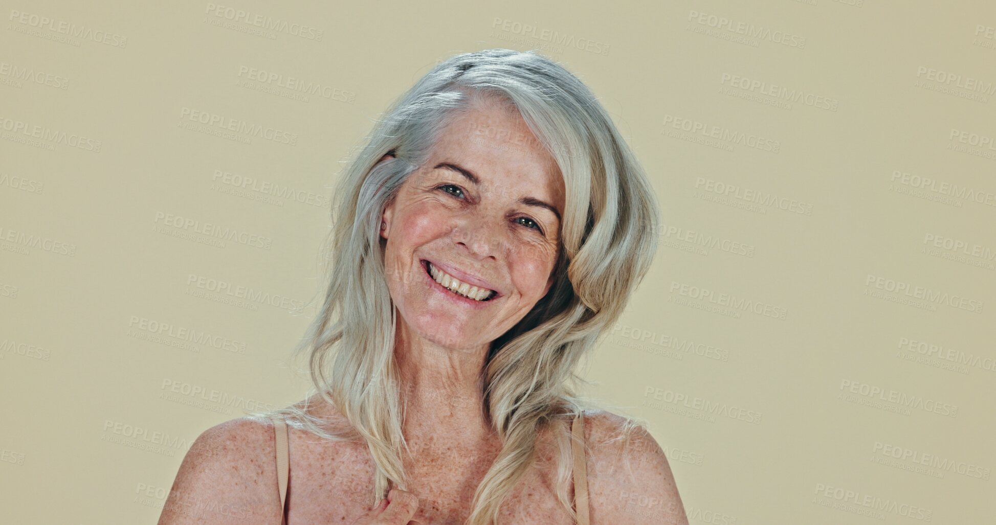 Buy stock photo Skincare, portrait and senior woman in studio happy with natural cosmetic, results or wellness on beige background. Face, smile or elderly lady model with anti aging treatment, beauty or satisfaction