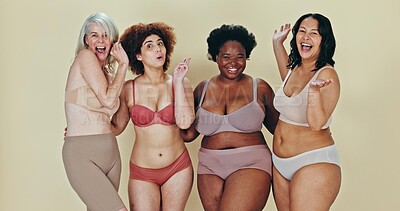 Body positive, diversity group and women excited, happy and together for underwear, natural beauty and confidence. Woman empowerment campaign, different size and portrait friends on studio background