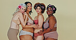 Body positive, diversity group and women excited, happy and together for underwear, natural beauty and confidence. Woman empowerment campaign, different size and portrait friends on studio background