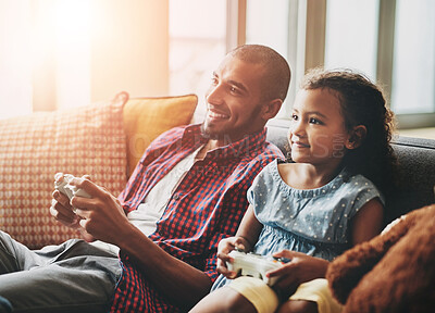 Buy stock photo Home, girl and father on sofa, video game or bonding together with happiness, smile or love. Apartment, parent or daughter with father, relax or entertainment with break, esports or contest in lounge