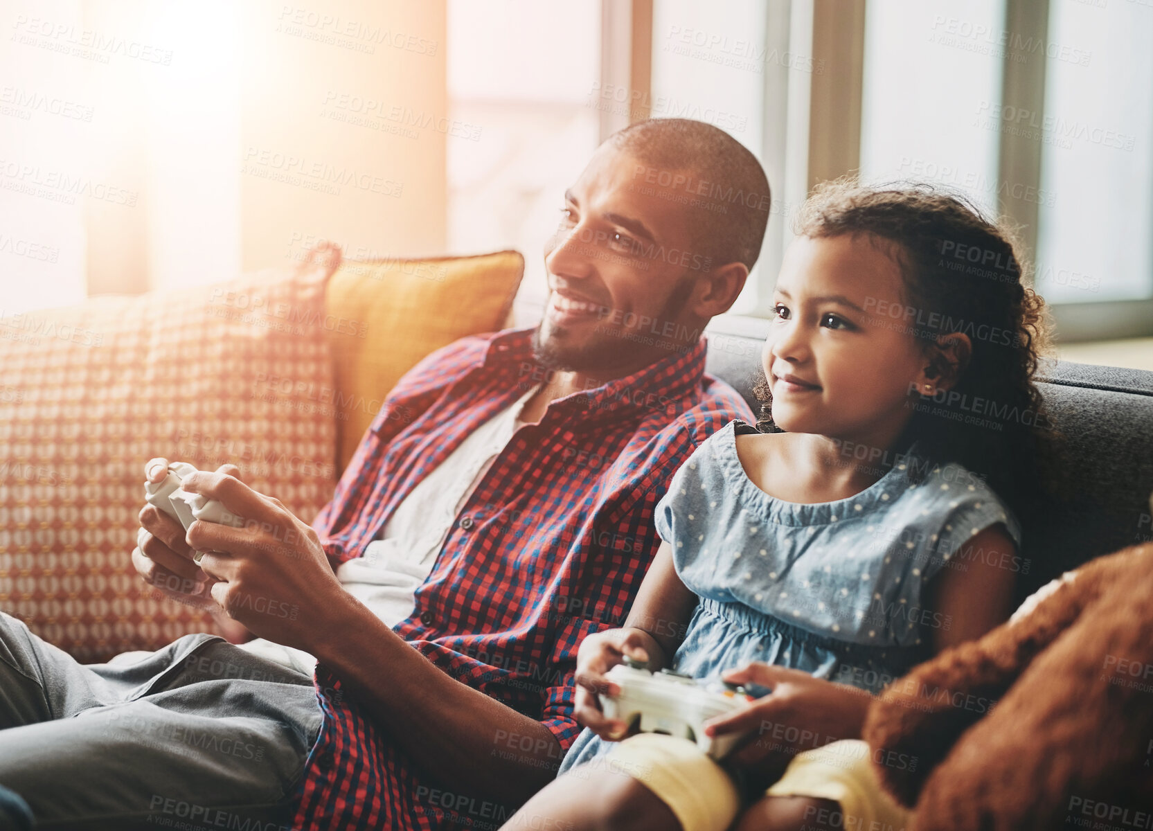 Buy stock photo Home, girl and father on sofa, video game or bonding together with happiness, smile or love. Apartment, parent or daughter with father, relax or entertainment with break, esports or contest in lounge