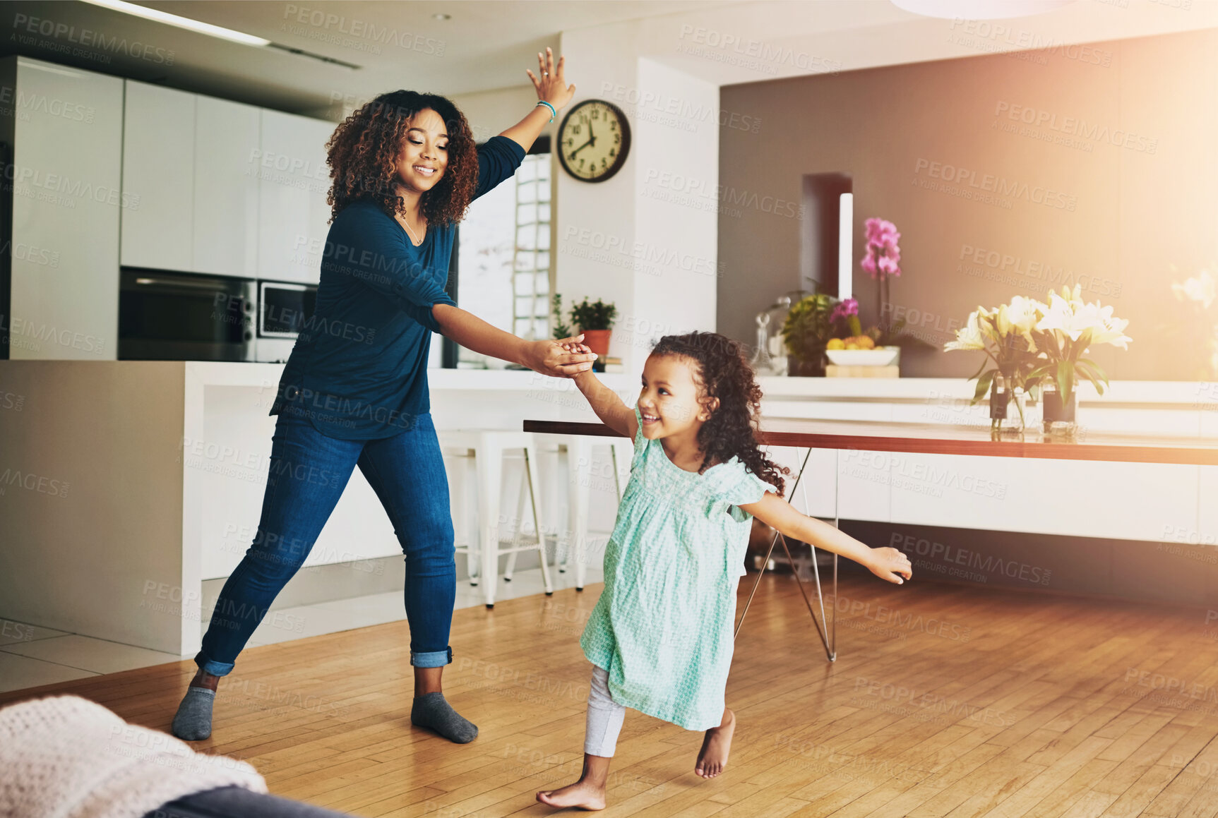 Buy stock photo Dance, love or smile with mother and daughter in living room of home together for bonding or fun. Energy, happy or music with single parent woman and girl kid in apartment for child development