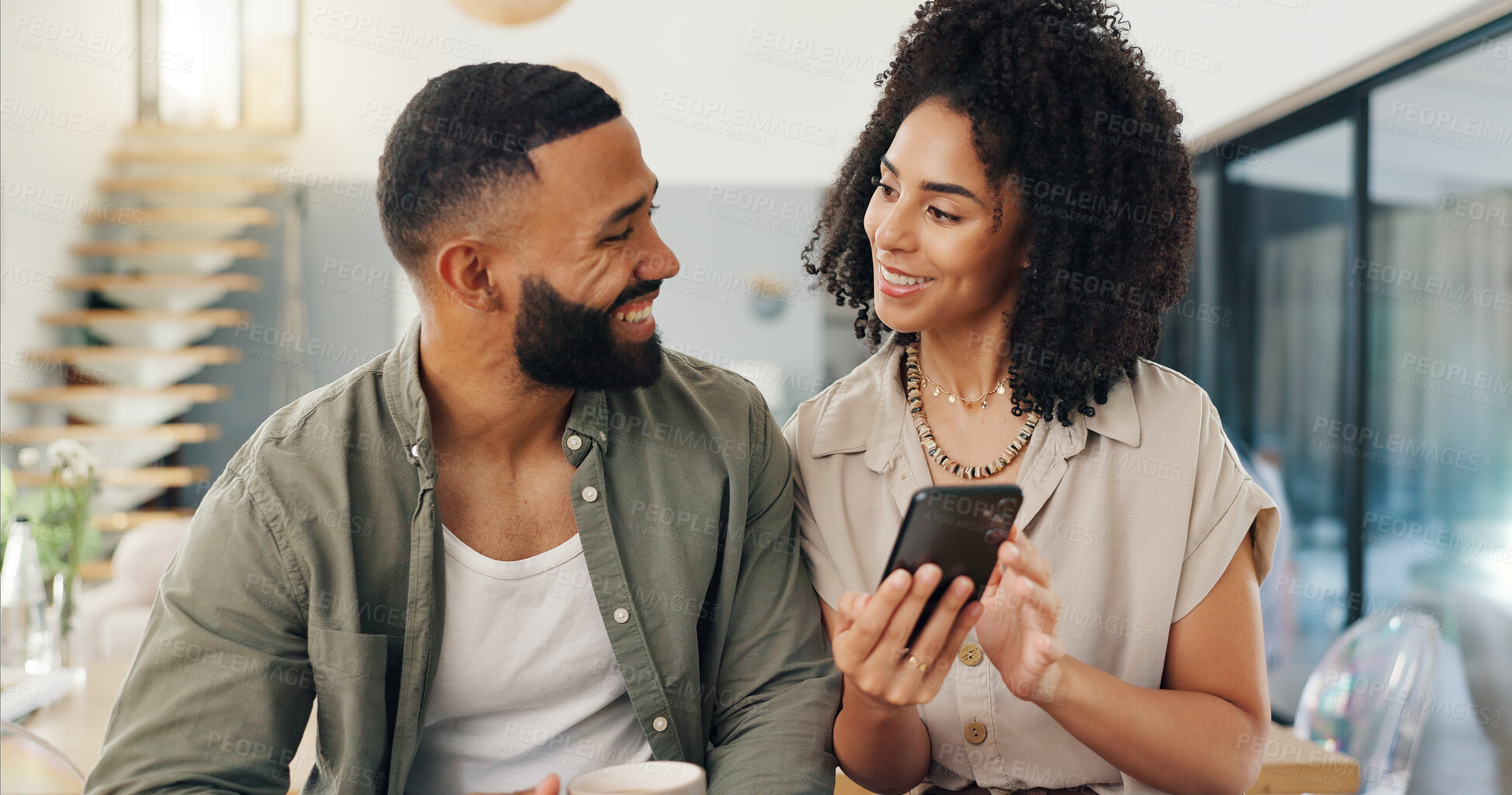 Buy stock photo Man, woman and smartphone on sofa in living room for social media, help or assistance of app. Couple, bonding and technology with smile for happy explanation, blog or website at home together