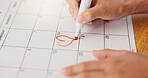 Calendar, hands and save of date for valentines day, commitment and visual reminder for love event. Person, drawing and heart shape to schedule engagement in planner, note and goals for romantic day