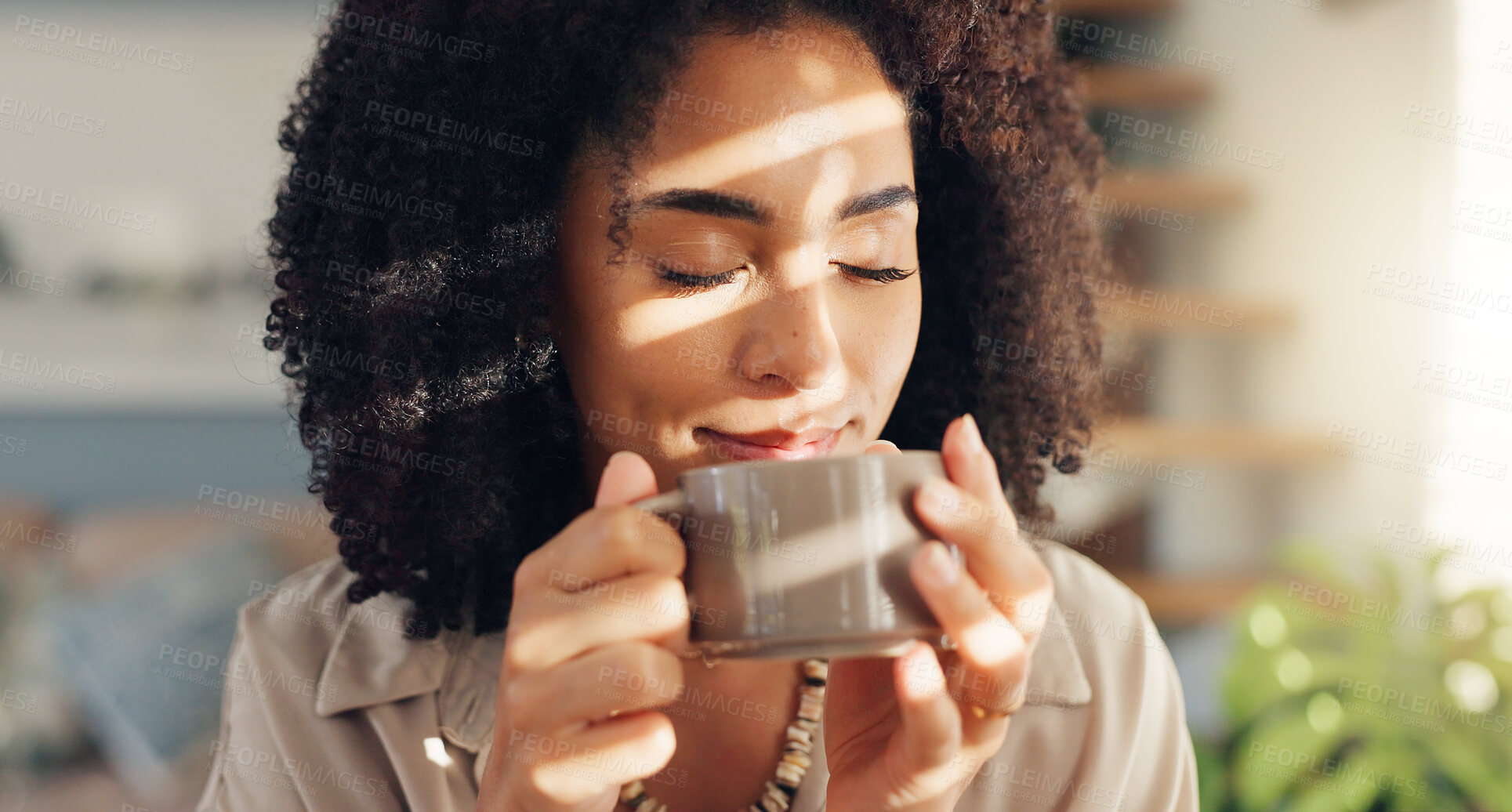 Buy stock photo Smile, calm and woman with coffee by window in apartment for relaxing weekend morning routine. Happy, peace and young female person drinking cappuccino, tea or latte in cup with aroma at modern home.