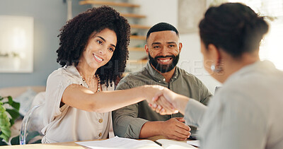 Handshake, meeting and couple with real estate agent for buying new home, house or property. Happy, deal and young man and woman shaking hands for apartment or building purchase with realtor.