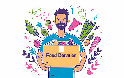 Charity, artwork and illustration of cartoon man donating a parcel of food for support, relief and donations. Humanitarian, mockup and awareness poster or banner for background, wallpaper or design