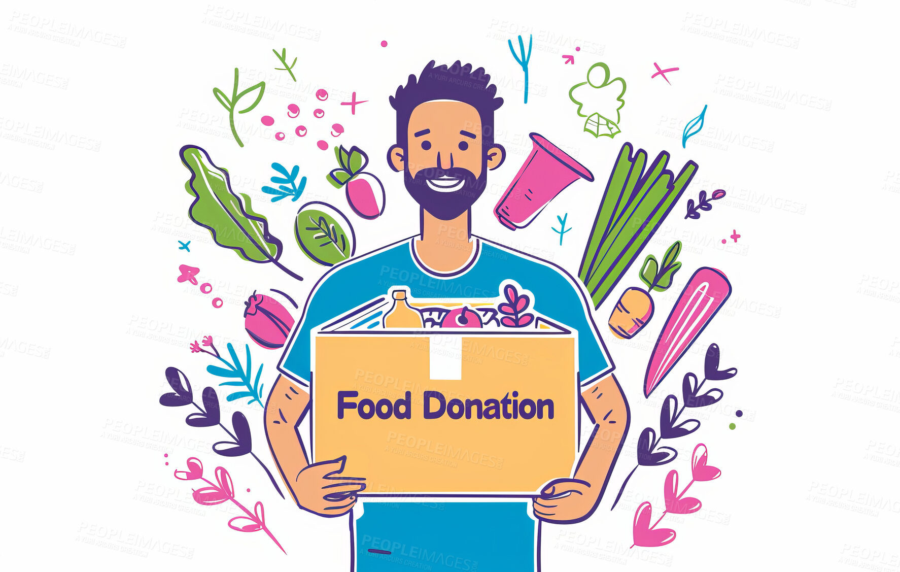 Buy stock photo Charity, artwork and illustration of cartoon man donating a parcel of food for support, relief and donations. Humanitarian, mockup and awareness poster or banner for background, wallpaper or design