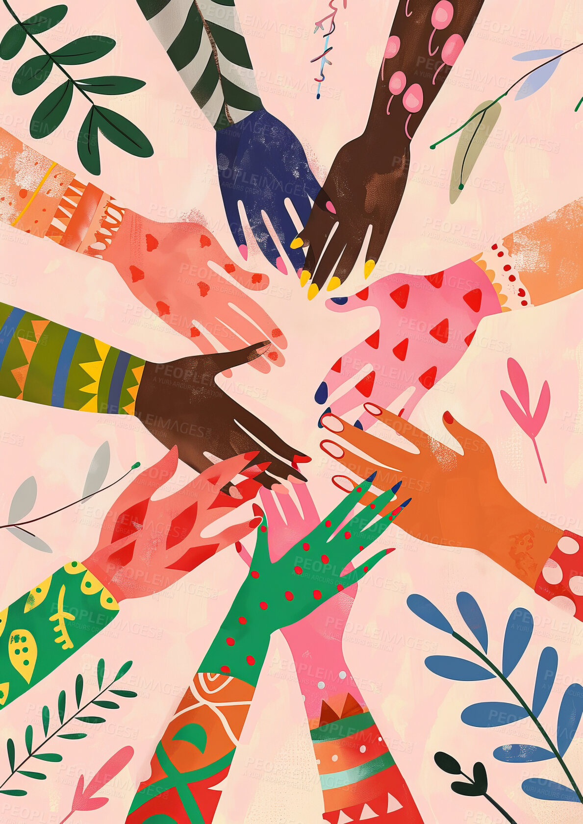 Buy stock photo Charity, artwork and illustration of colourful hands together for support, relief and donations. Closeup, mockup and mental health awareness poster or banner for background, wallpaper and design