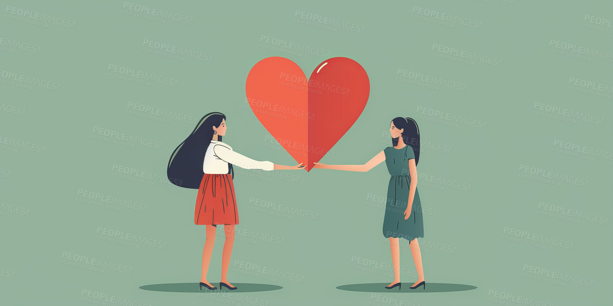 Buy stock photo Charity, artwork and illustration of cartoon woman giving a heart or love for support, relief and donations. Closeup, mockup and awareness poster or banner for background, wallpaper and design