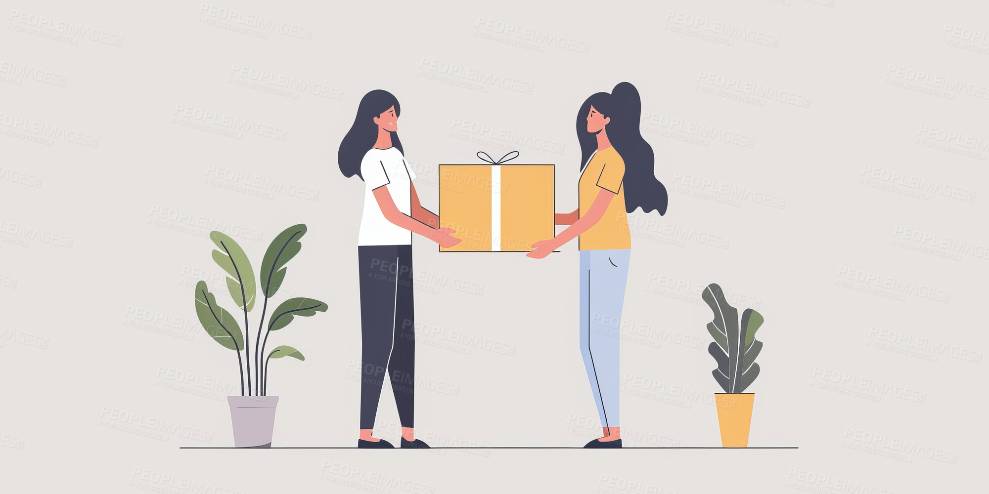 Buy stock photo Charity, artwork and illustration of cartoon women donating a parcel for support, relief and donations. Humanitarian, mockup and awareness poster or banner for background, wallpaper or digital design