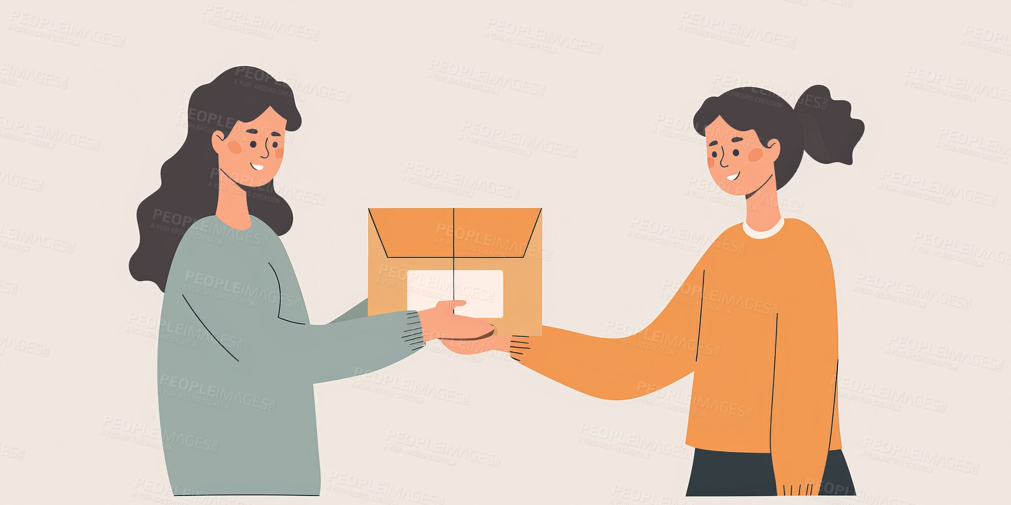 Buy stock photo Charity, artwork and illustration of cartoon women donating a parcel for support, relief and donations. Humanitarian, mockup and awareness poster or banner for background, wallpaper or digital design