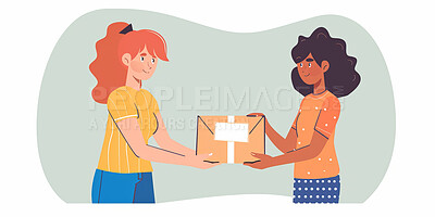 Charity, artwork and illustration of cartoon women donating a parcel for support, relief and donations. Humanitarian, mockup and awareness poster or banner for background, wallpaper or digital design