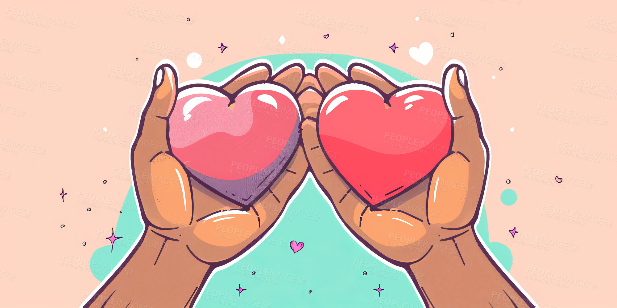 Buy stock photo Charity, artwork and illustration of colourful hand holding a heart for support, relief and donations. Closeup, mockup and awareness poster or banner for background, wallpaper and digital design