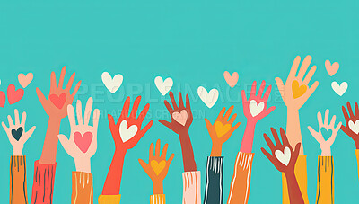 Charity, artwork and illustration of colourful hands holding a heart for support, relief and donations. Closeup, mockup and awareness poster or banner for background, wallpaper and digital design