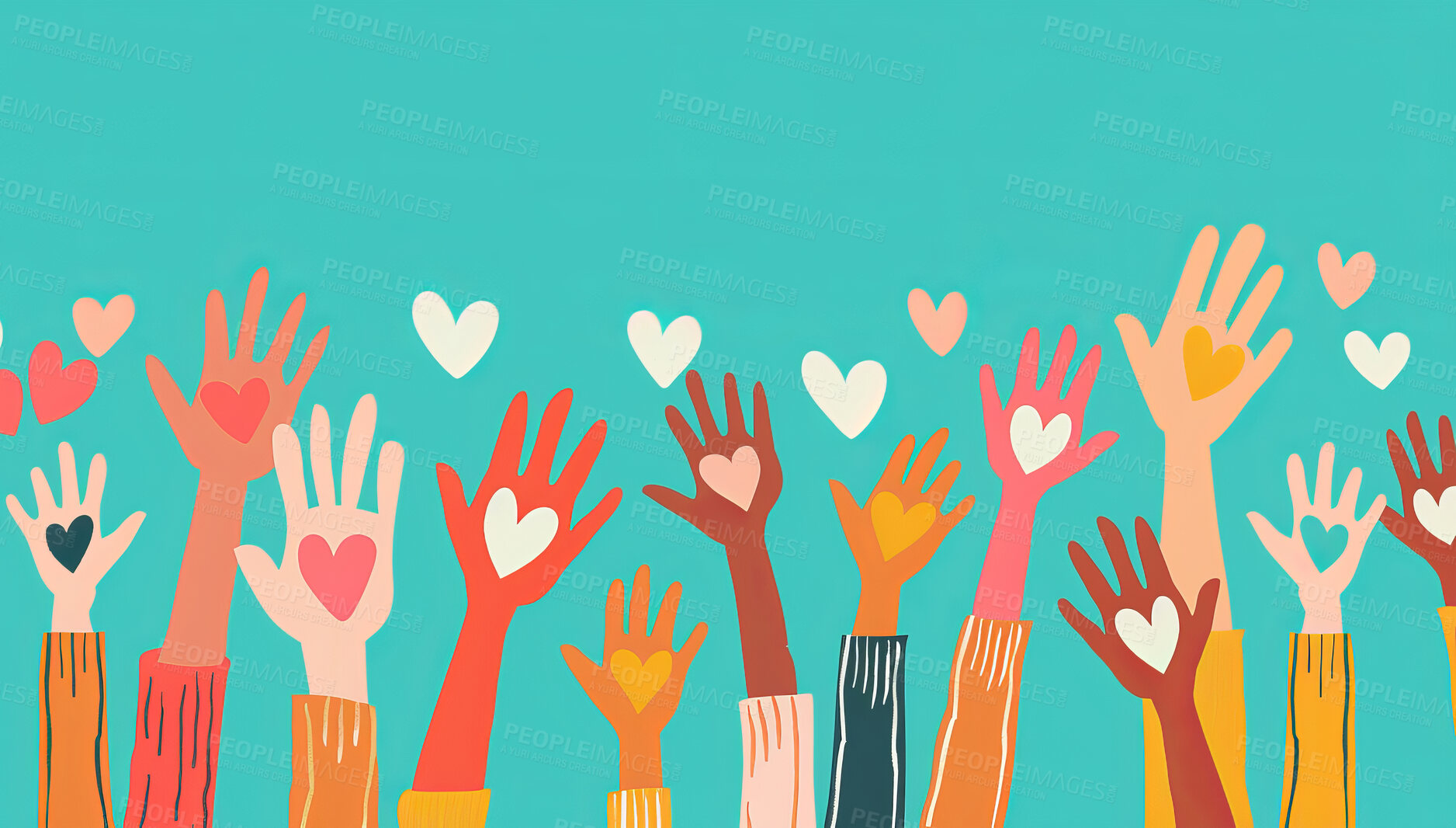 Buy stock photo Charity, artwork and illustration of colourful hands holding a heart for support, relief and donations. Closeup, mockup and awareness poster or banner for background, wallpaper and digital design