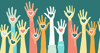 Charity, artwork and illustration of colourful hands holding a heart for support, relief and donations. Closeup, mockup and awareness poster or banner for background, wallpaper and digital design