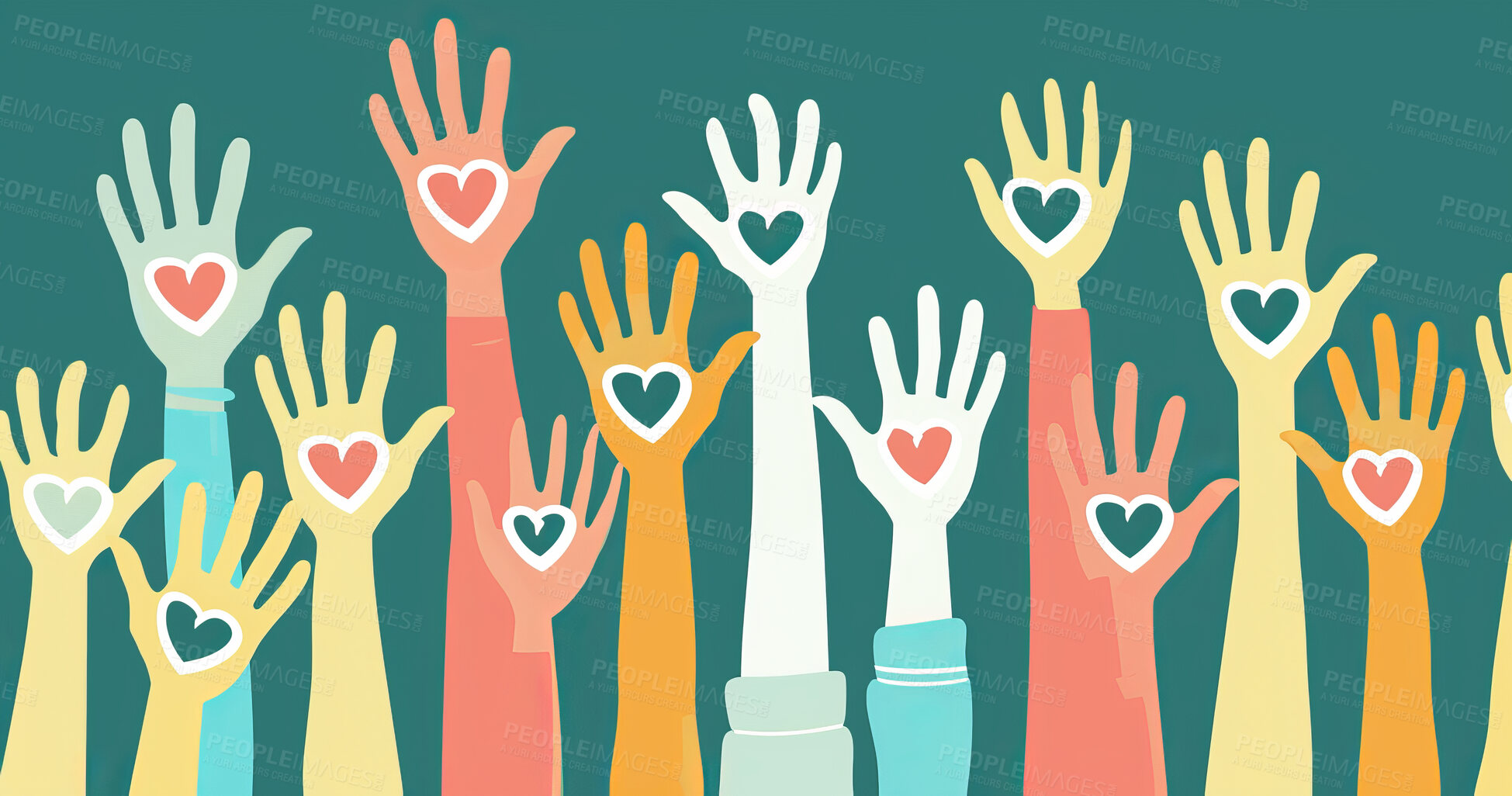 Buy stock photo Charity, artwork and illustration of colourful hands holding a heart for support, relief and donations. Closeup, mockup and awareness poster or banner for background, wallpaper and digital design