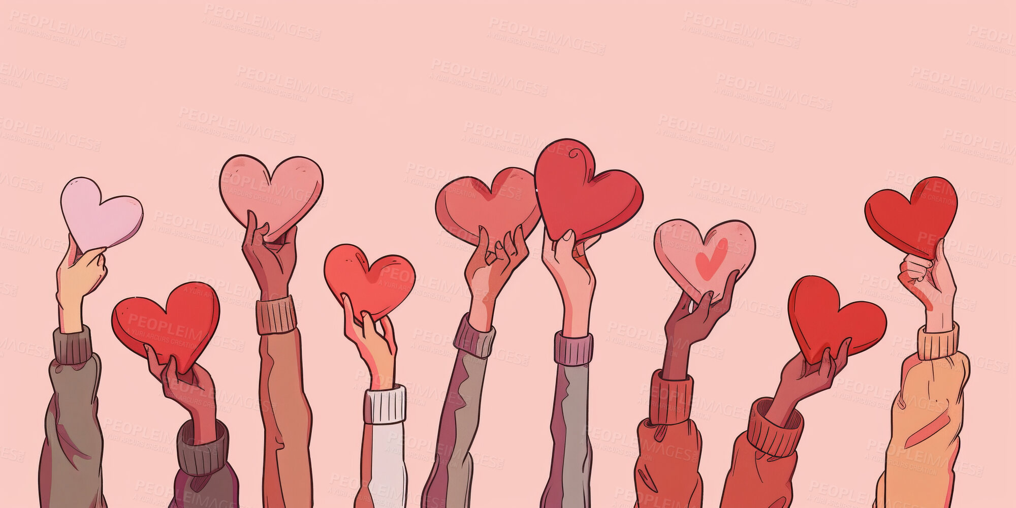 Buy stock photo Charity, artwork and illustration of colourful hands holding a heart for support, relief and donations. Closeup, mockup and awareness poster or banner for background, wallpaper and digital design