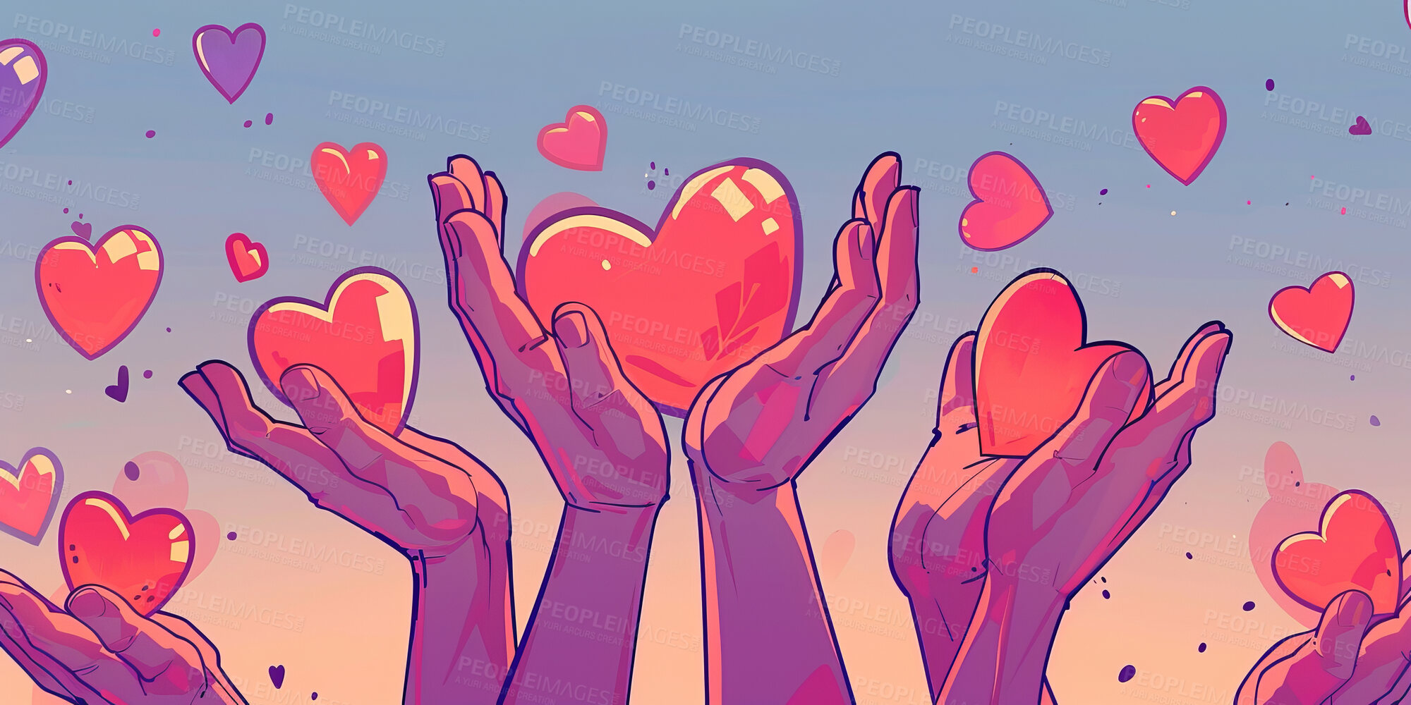 Buy stock photo Charity, artwork and illustration of colourful hands holding a heart for support, relief and donations. Closeup, mockup and awareness poster or banner for background, wallpaper and digital design