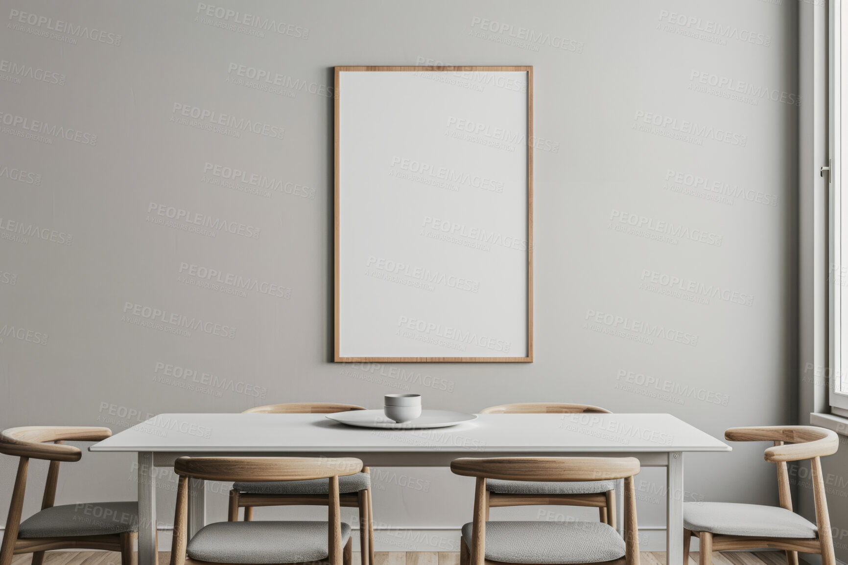 Buy stock photo Furniture, dining room and table with wood chairs for modern apartment, hotel and home picture frame. Creative, interior design and mockup poster space for restaurant, dinner and decor inspiration