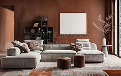 Living room, couch and home interior design with blank wall for apartment design and lifestyle. Cozy, modern and luxury furniture mockup space for art or frame for ideas and architecture inspiration