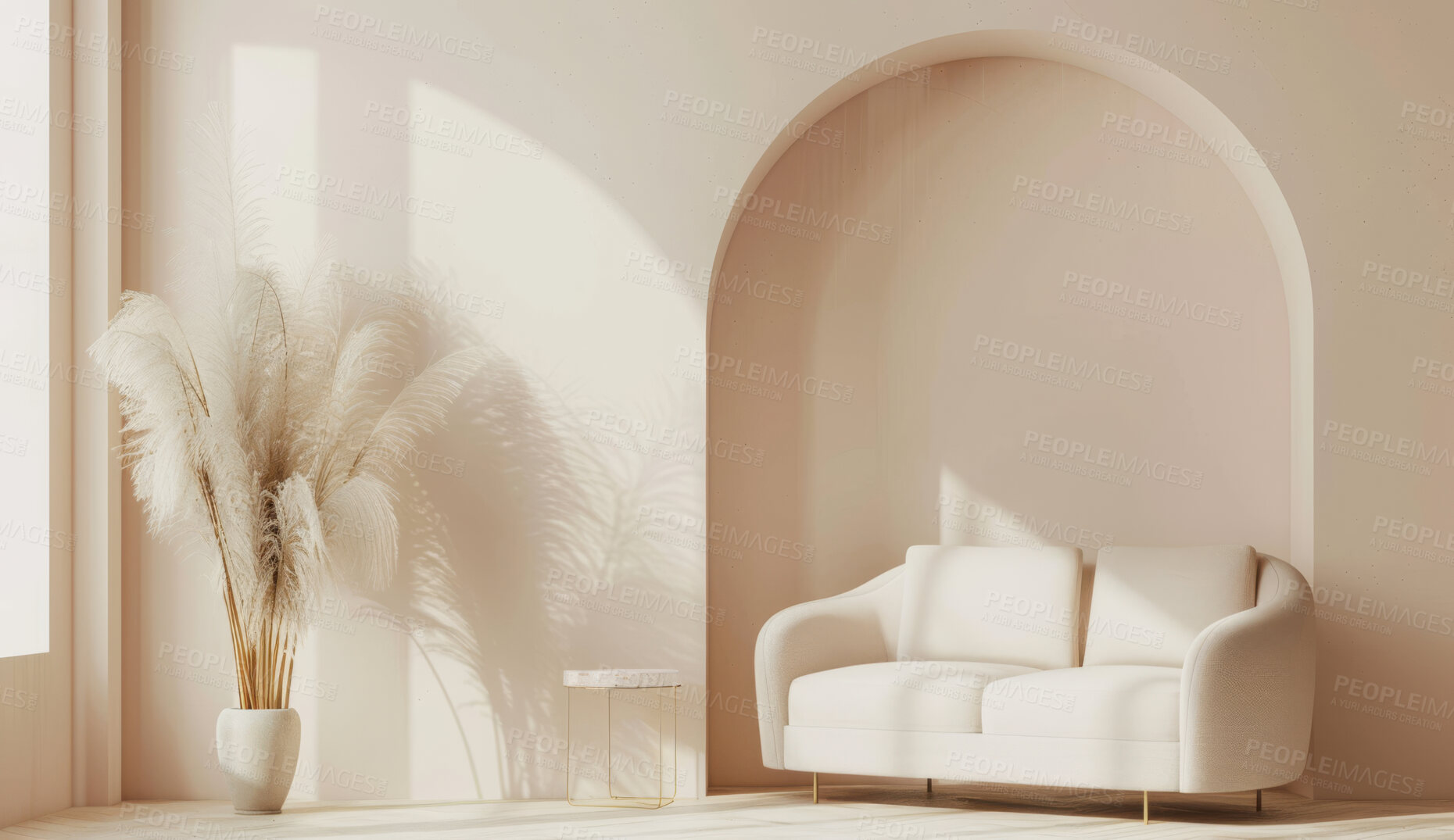 Buy stock photo Living room, couch and home interior design with blank wall for apartment design and lifestyle. Cozy, modern and luxury furniture mockup space for art or frame for ideas and architecture inspiration