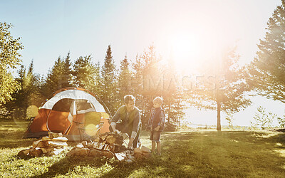 Buy stock photo Family, dad and boy in woods for camping, adventure and holiday for summertime in countryside. Earth, sunshine and people in nature for travel, vacation and together with happy in forest for morning