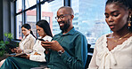 Phone, smile and business black man in workshop or seminar for growth, training and development. Mobile, learning and upskill with happy young employee in office for communication or networking