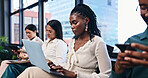 Laptop, smile and black woman employee in workshop or seminar for growth, training and development. Computer, learning and upskill with happy young business person in office for education conference