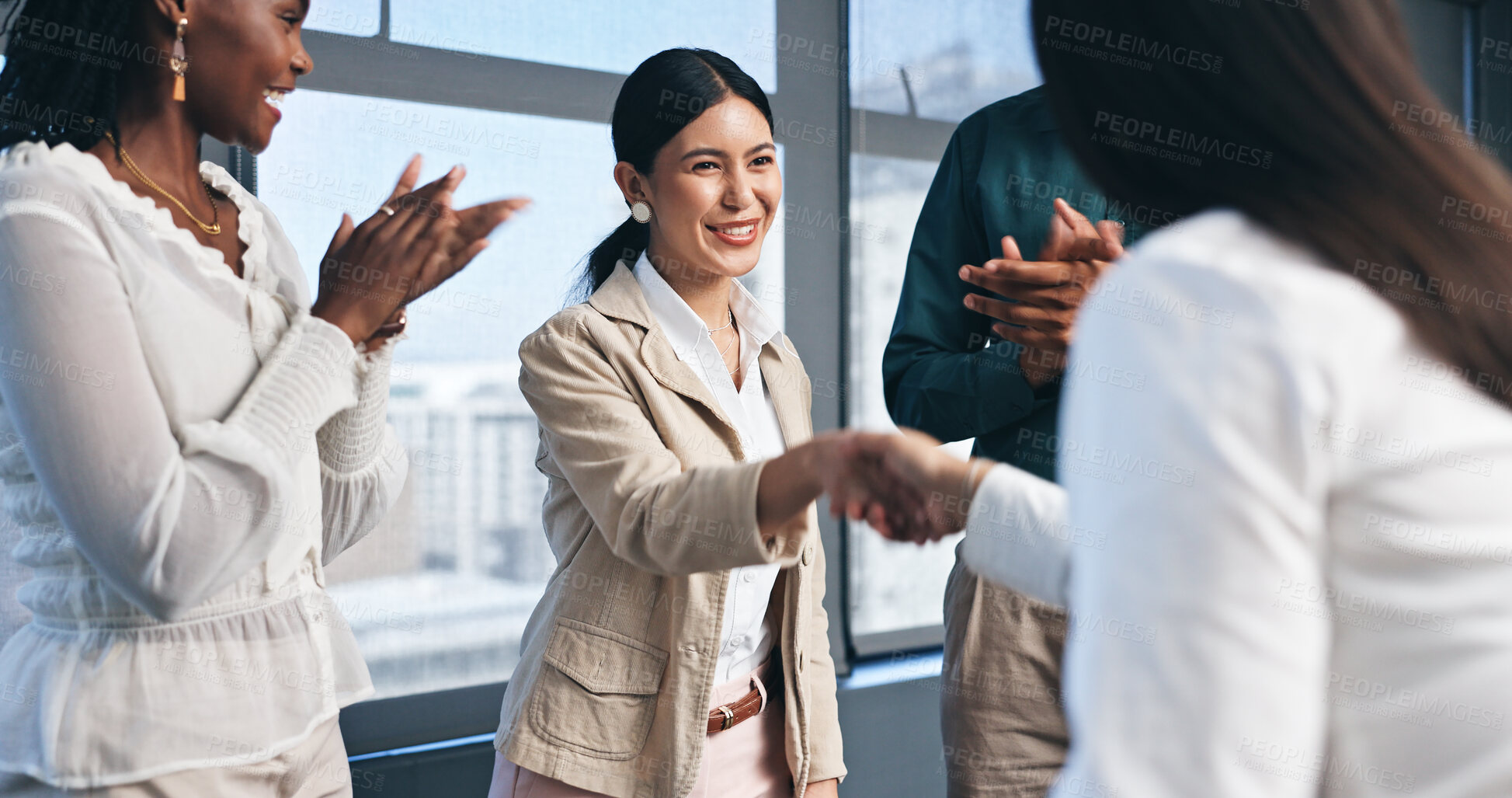 Buy stock photo Business people, team and handshake with applause for partnership, congratulations and onboarding with support. Celebration, employees and shaking hands for welcome, promotion and agreement on deal