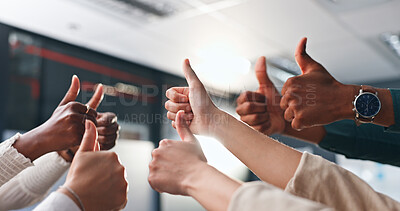 Business people, hands and thumbs up for team, success or good job in unity together at office. Closeup of creative employees with like emoji, yes sign or OK for winning, synergy or group startup