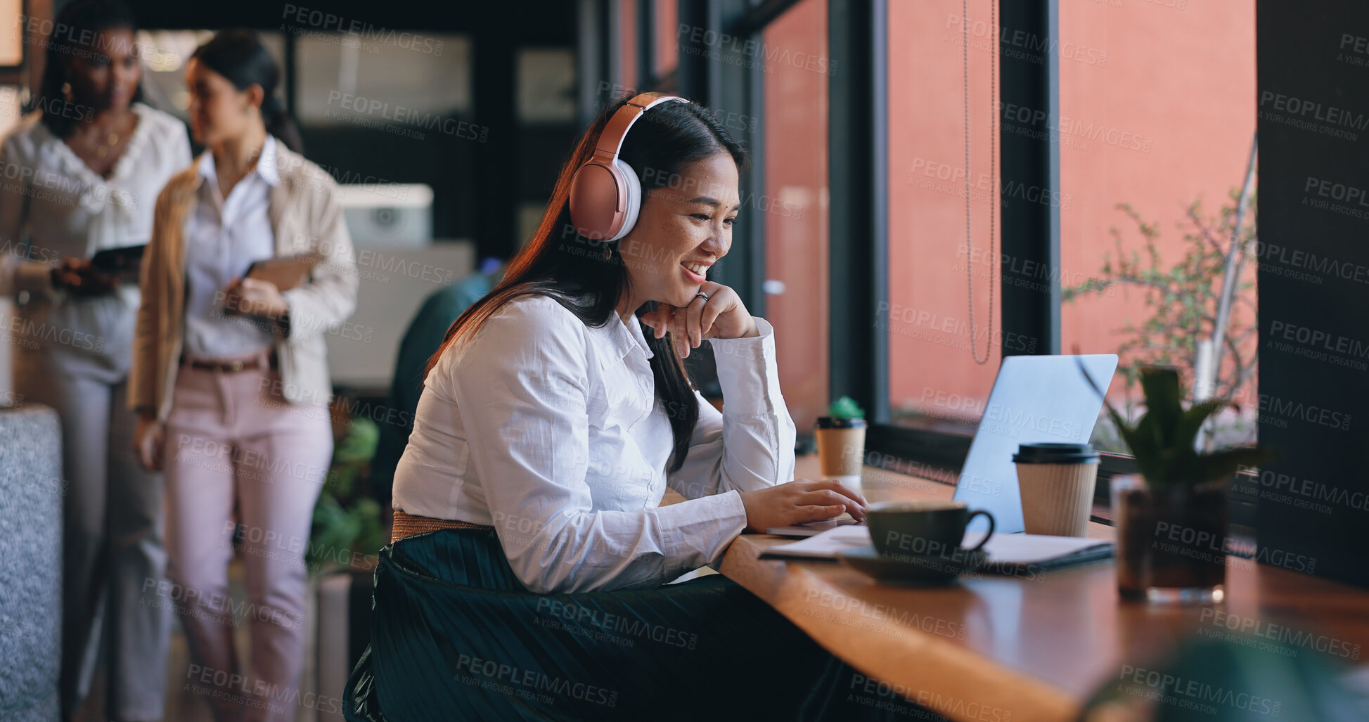 Buy stock photo Laptop, business and remote work with asian woman in coffee shop for freelance career as editor or publisher. Computer, email and networking with happy young entrepreneur in cafe or restaurant