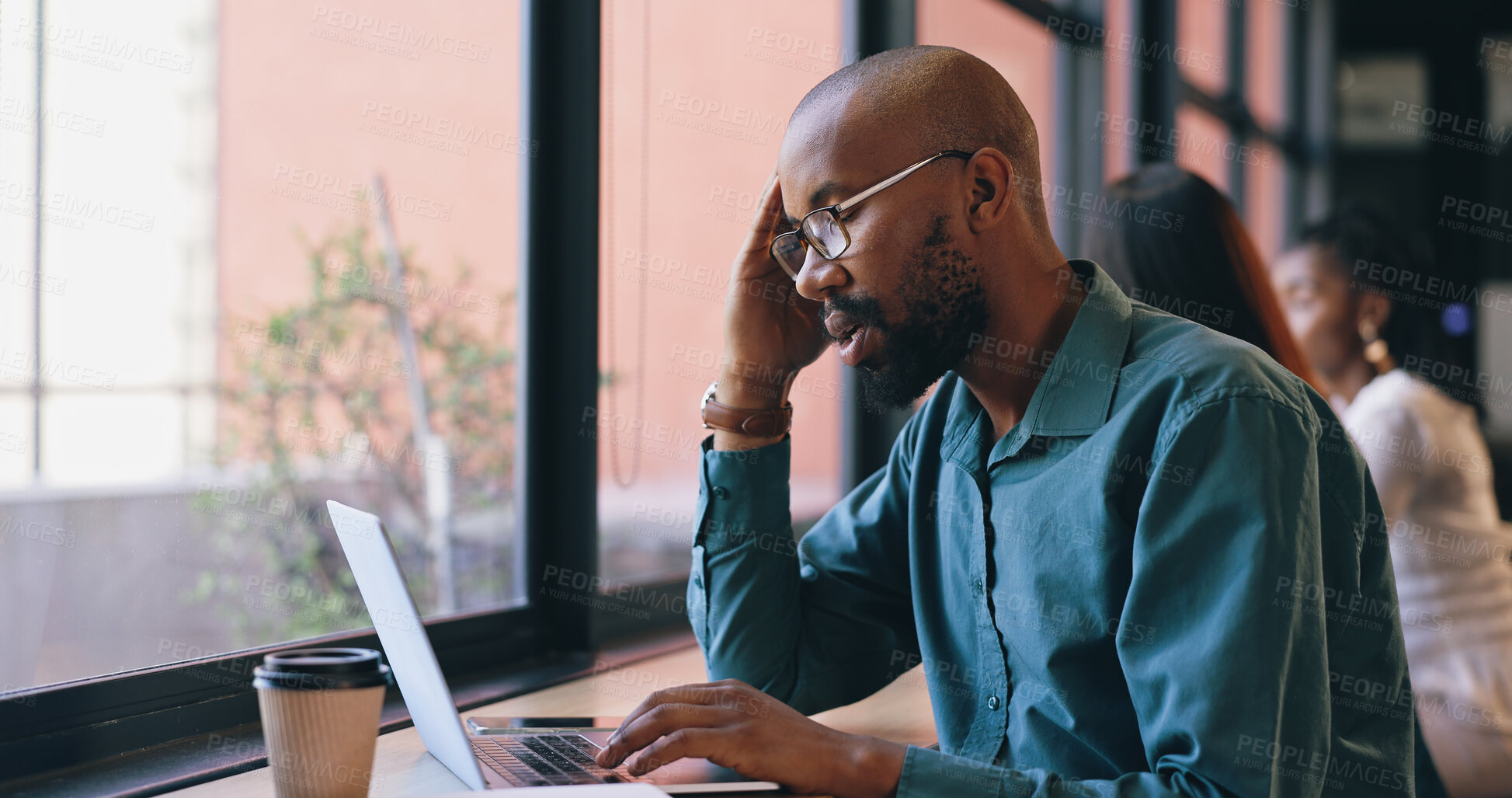 Buy stock photo Business man, stress on laptop and cafe for remote work fail, mistake or news of bankruptcy. Tired African worker, freelancer or writer in pain, headache or fatigue typing on computer at coffee shop