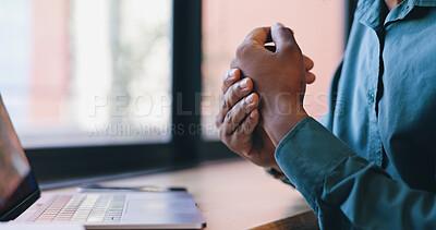 Closeup, cafe and man with wrist pain, laptop or injury with carpal tunnel, bruise or broken. Hands with inflammation, copywriter or freelancer with computer, arthritis or muscle tension with strain