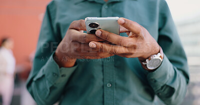 Hands, business and man with a smartphone, typing and connection with network, internet and social media. Person, closeup and employee with a cellphone, technology and mobile user with digital app