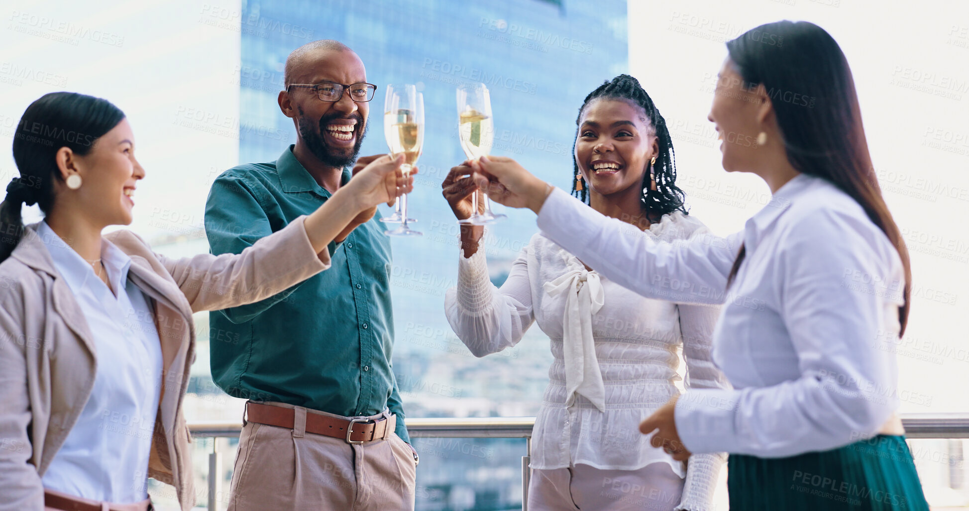 Buy stock photo Business people, toast and Champagne for celebration and success with deal, contract and teamwork outdoor. Cheers, alcohol drink and achievement, support and trust with corporate win and diversity