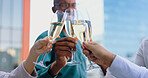 Toast, Champagne in hands and glasses to celebrate and business people outdoor for success together and corporate achievement. Cheers, alcohol drinks and winning at office with support and teamwork